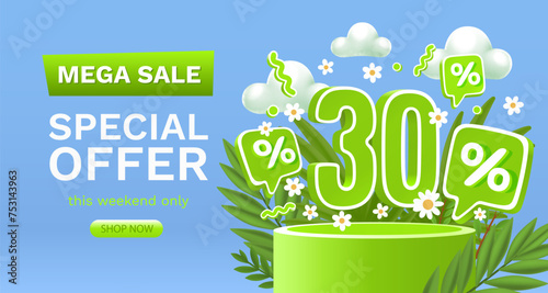 Spring sale offer 30 percentage, flyer save season. Vector illustration