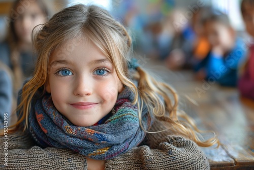 Close-up portrait of a young girl with blue eyes wearing a colorful scarf and brown sweater, exuding warmth photo