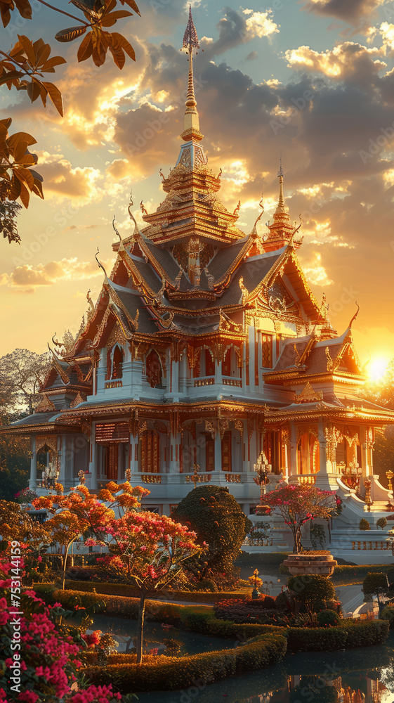 Majestic Golden Temples: Ornate Thai-style elegance against sky,generative ai