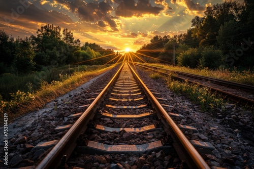 A railway track stretches into the distance as the sun sets in the background, creating a warm orange glow.