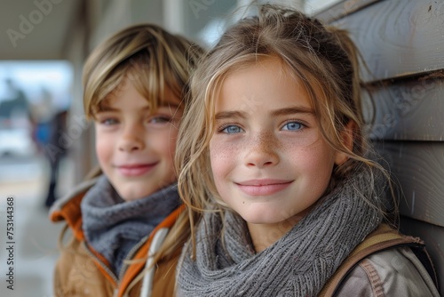 Close-up portrait of a pair of siblings with stunning blue eyes and freckles sharing a moment