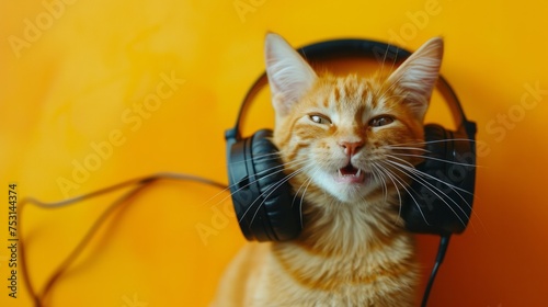 Cute ginger cat wearing big headphones listens to music, sound therapy concept for animals  © Sunny