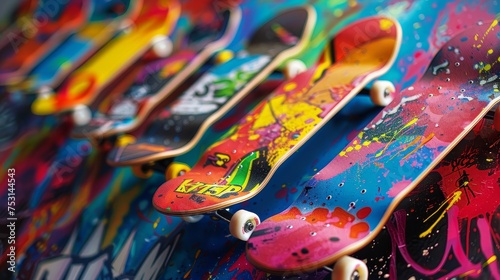 An array of skateboard decks featuring vibrant graffiti designs  showcasing a blend of street art and sporting culture.