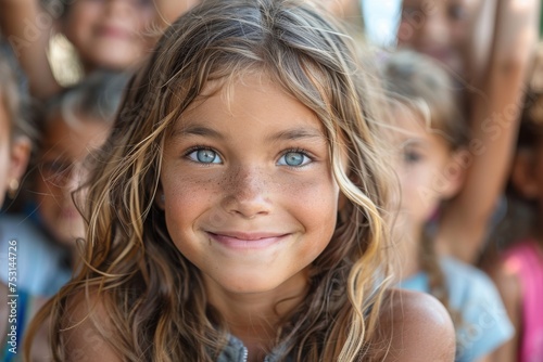 A close-up portrait of a happy young girl with blue eyes and wavy hair, smiling brightly