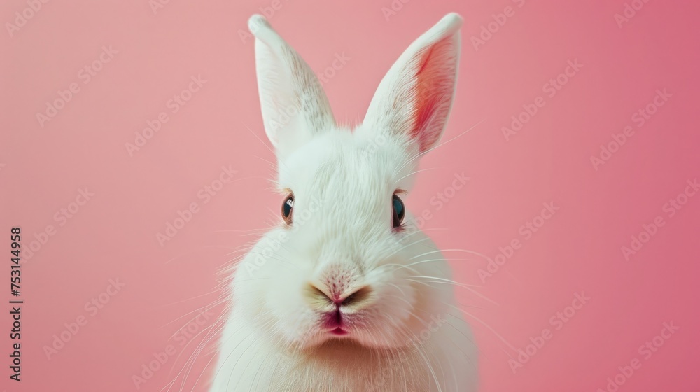 Cute white bunny on pink backround. Easter symbol, copy space, place for text