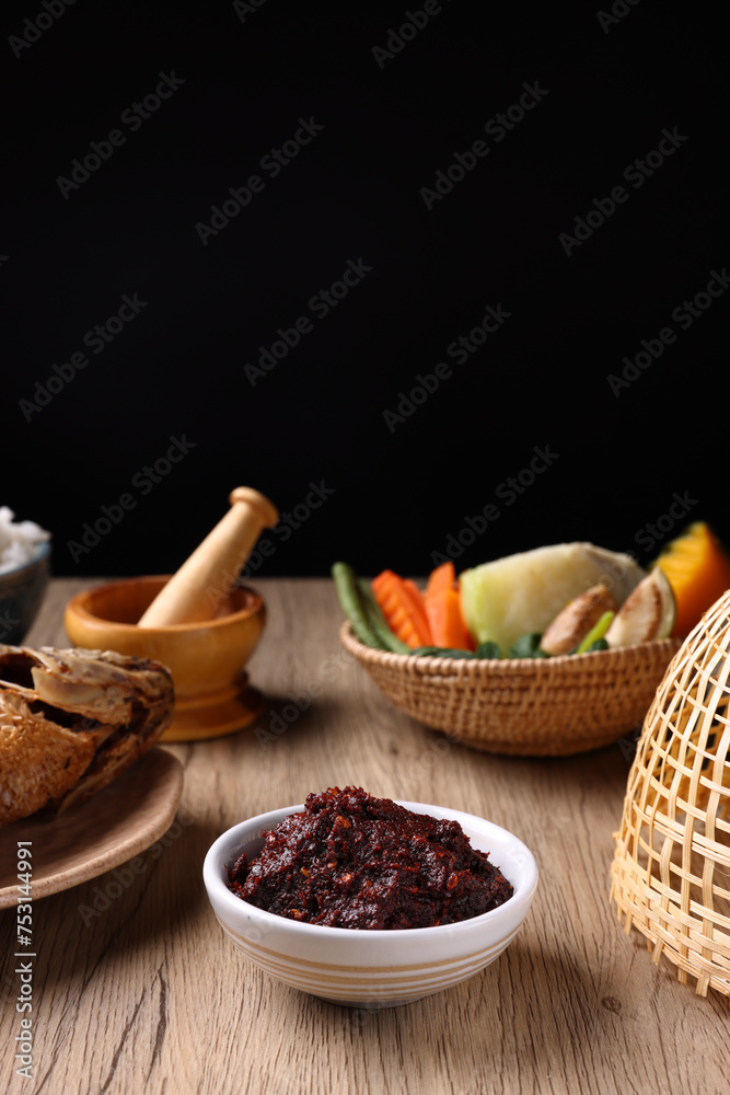 pork shrimp chilli dip local thai food sauce isolated in wood background pork shrimp chilli dip local thai food sauce isolated in wood background