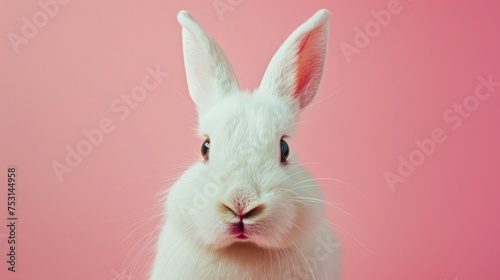 Cute white bunny on pink backround. Easter symbol, copy space, place for text © masyastadnikova