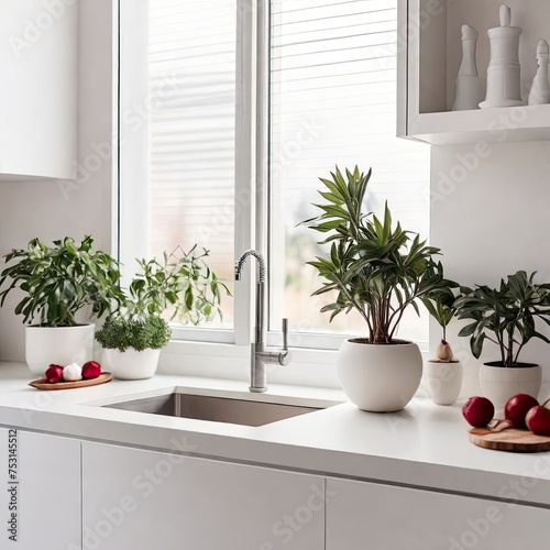 Interior elements of a modern  minimalistic white kitchen. Chic white quartz worktop including a kitchen sink with a water faucet  window  potted plant  pomegranate and finaple