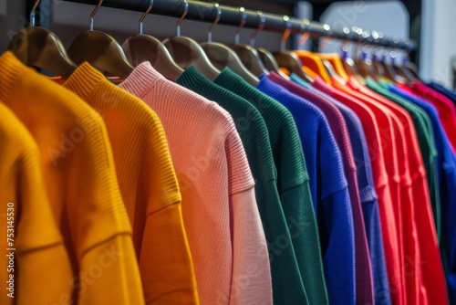 Colorful youth cashmere sweaters, hoodies, and sweatshirts lined up on a clothes rack for display.