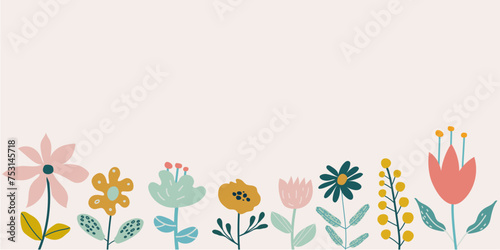 Spring background with flowers the edge and place for text. Horizontal border. Vector illustration of wildflowers in cartoon style. Template for cards, invitations, publications on social networks. © Loya.art