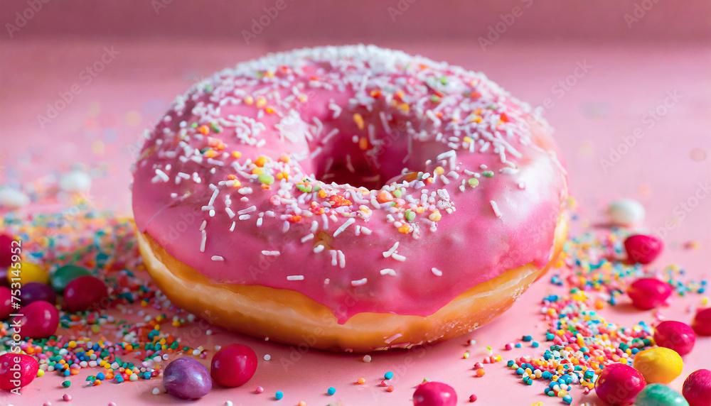 Pink glazed donut with colorful sprinkles. Tasty and sweet fast food.