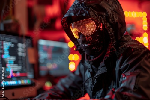 An individual with goggles in a red neon-lit room filled with code and digital screens  suggesting cyber activities