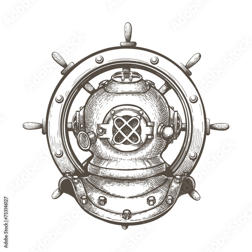 Diving Helmet with Ship Steering Wheel Engraving Tattoo