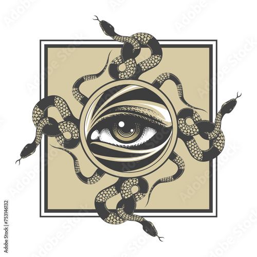 Картината върху платно All Seeing Eye and Cross of Snakes Esoteric Occult Emblem Tattoo