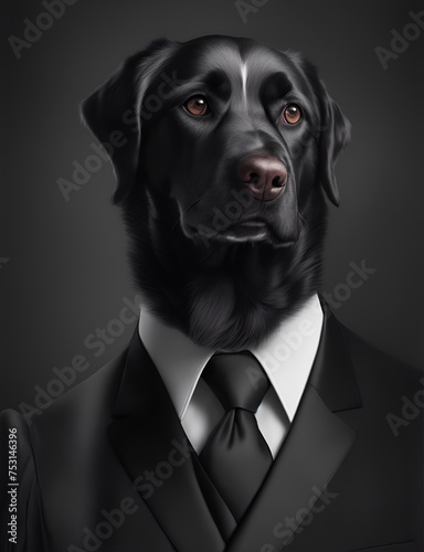 Portrait of a dapper black dog in a sleek suit, exuding gentlemanly charm against a black background with a crisp white shirt. © Shanal Labs