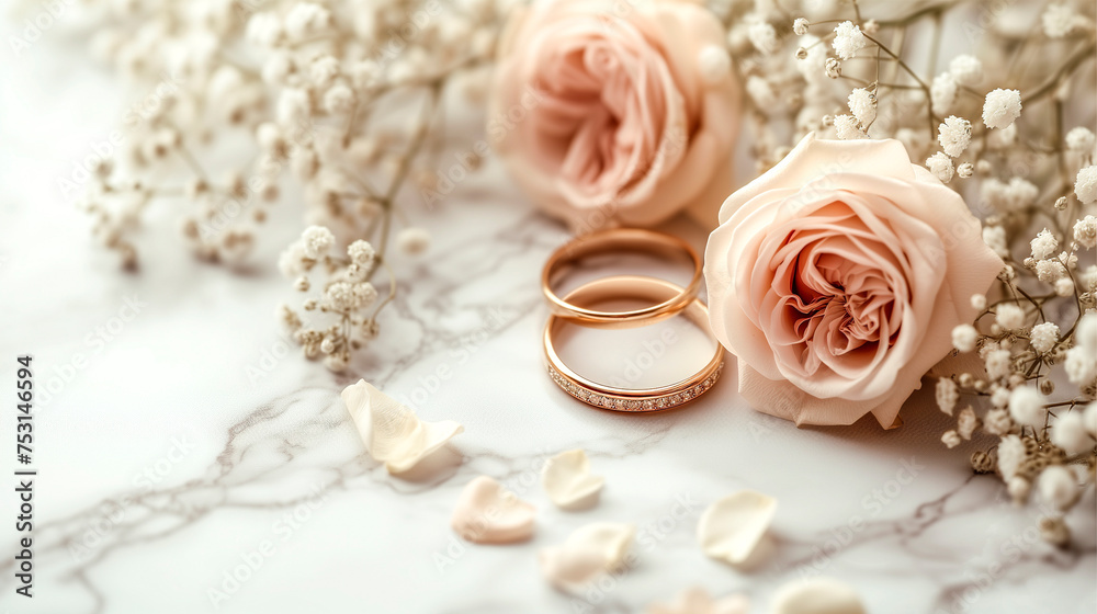 Gold engagement or wedding rings and a bouquet of flowers on a pastel background. Side view, space for text.