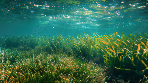 Underwater landscape with a field of sea grass