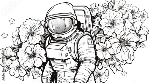 Astronaut flowers freehand draw cartoon vector illus