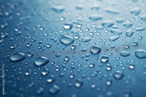 Smooth surface with water droplets on blue background.