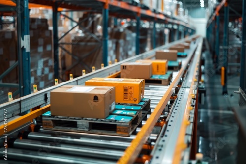 Conveyor belt transporting boxes in a warehouse setting.