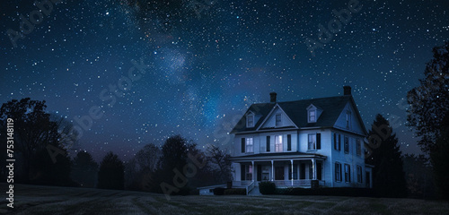 A clear, star-filled night sky provides a dramatic backdrop to an early 20th-century white clapboard colonial mansion, with ambient light hinting at its elegant details