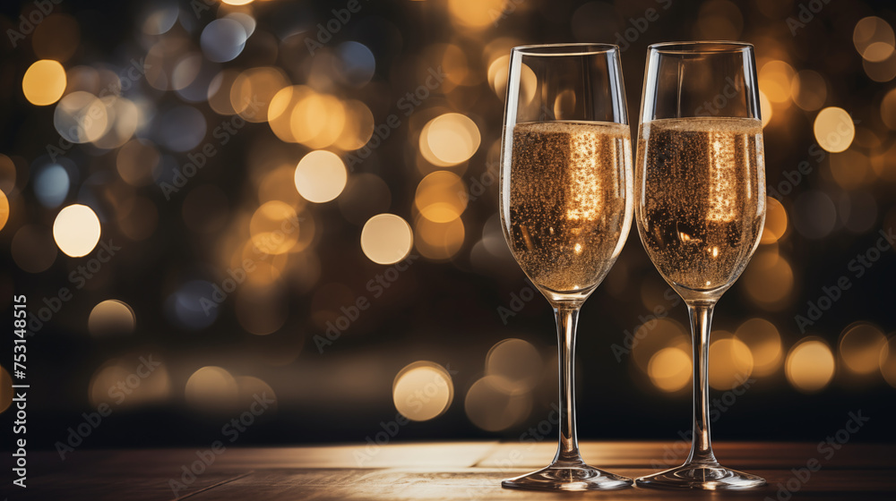 Happy New Year! Champagne Glasses On A Counter Top