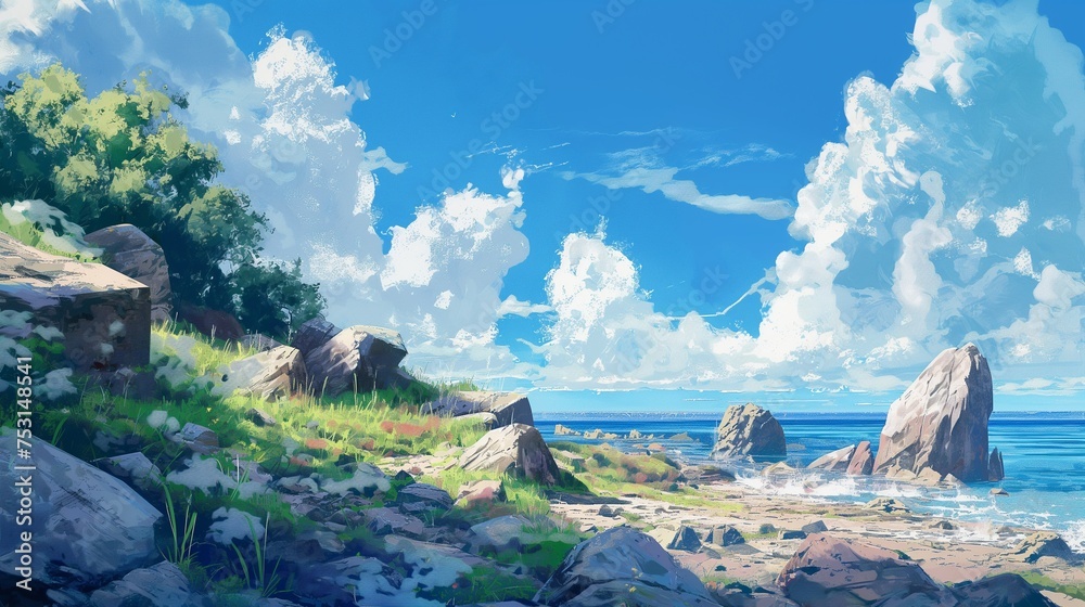 The interplay of shadows and sunlight on a rocky shoreline, framed by the serene palette of a cloud-strewn blue sky.