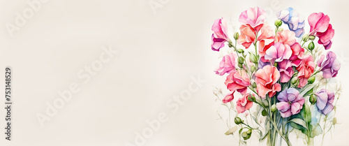 Romantic bouquet watercolor of Sweet pea full view in vase on a light background, in bright colors. For Birthday, Easter, Mother day, Valentine's day greeting banner, card, copy space. © Sanita