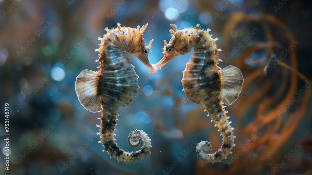 The intricate dance of a pair of seahorses, their tails entwined in a delicate underwater ballet.