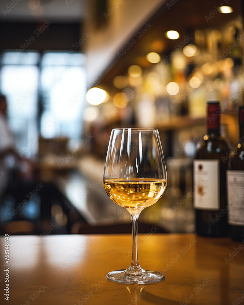 Glass of White Wine On A Bar Countertop