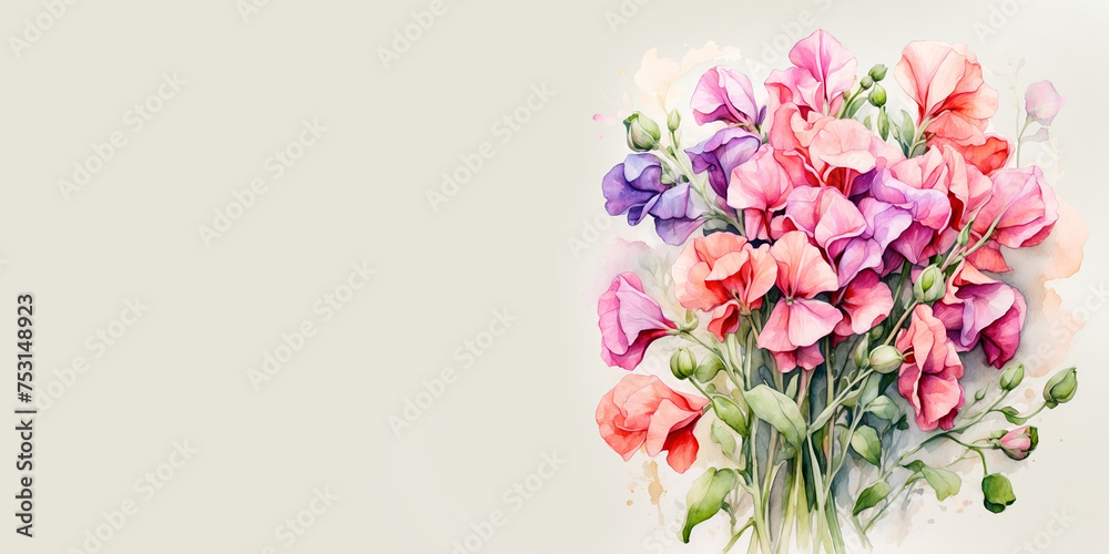 Romantic bouquet watercolor of Sweet pea full view  in vase on a light background, in bright colors. For Birthday, Easter, Mother day, Valentine's day greeting banner, card, copy space.