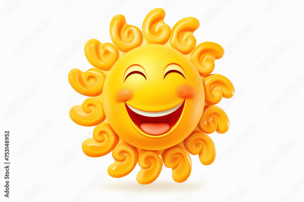 Cheerful cartoonish sun character, beaming against a pristine white backdrop, spreading warmth and happiness.