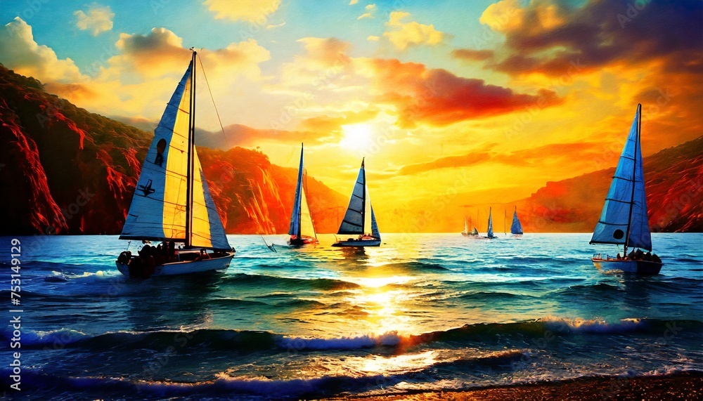 yacht at sunset - obrazy, fototapety, plakaty 