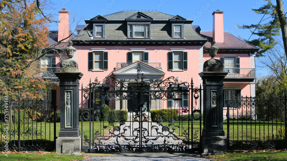 A Cleveland house in Colonial Revival style under a clear blue sky, its exterior painted in a unique shade of dusk pink, behind a wrought iron gate in charcoal black