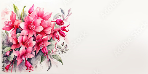 Romantic bouquet watercolor of Fuschia full view in vase on a light background, in bright colors. For Birthday, Easter, Mother day, Valentine's day greeting banner, card, copy space. 
