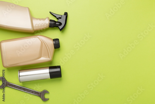 Car tools and accessories on color background, top view photo