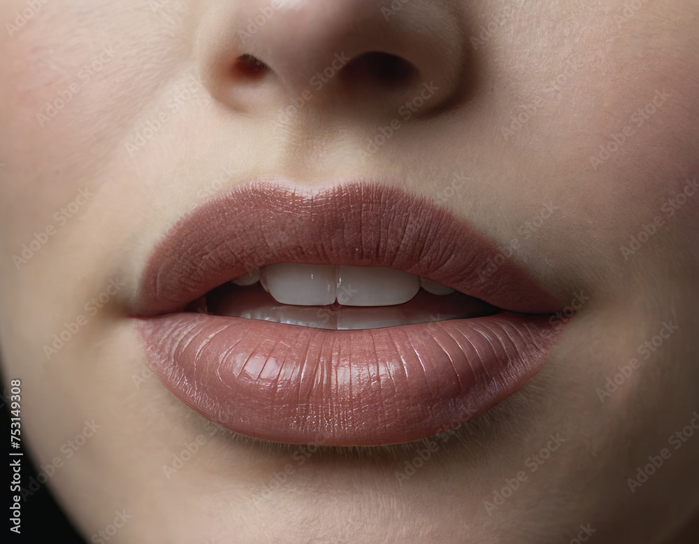 Obraz premium Beautiful woman lips, sexy, close-up, natural color without lipstick. Concept of beauty salon, cosmetics, Lip contouring