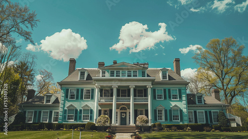 A colonial mansion in Shaker Heights, viewed head-on, featuring a unique blend of soft mint green and white trim under a clear blue sky with fluffy white clouds