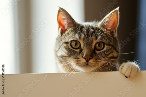 Happy adorable cat peeking out from behind a plain white blank billboard banner with copyspace for text 