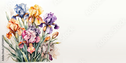 Romantic bouquet watercolor of Iris full view  in vase on a light background, in bright colors. For Birthday, Easter, Mother day, Valentine's day greeting banner, card, copy space.
