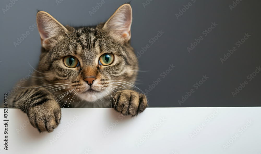 Happy adorable cat peeking out from behind a plain white blank billboard banner with copyspace for text	

