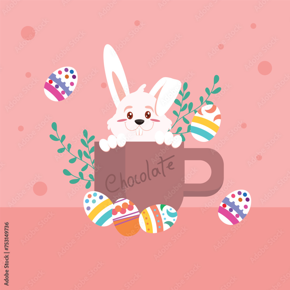 Fototapeta premium Easter bunny illustration inside a cup of chocolate