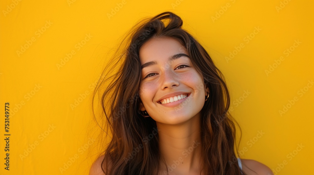 Fototapeta premium Mixed race half-caucasian and half-japanese fashion model with long hair, raising one eyebrow with a big smile, thinking something, minimal yellow background.