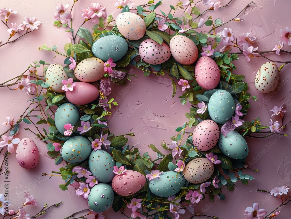 Wreath made of Easter eggs, flowers, and ribbon boarder on pink