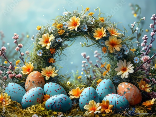 Wreath made of Easter eggs, flowers, and ribbon boarder on blue