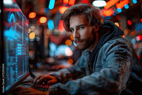 A young man programming on his computer in a neon-lit room, focusing intently