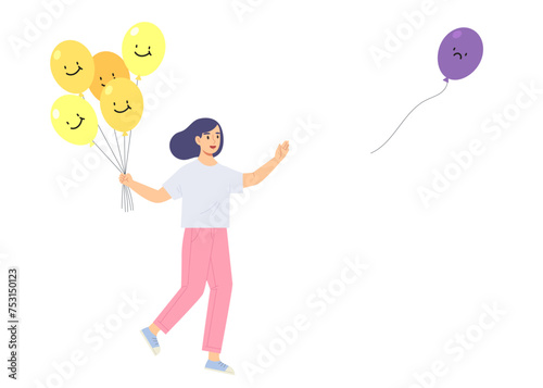 Young girl holding happy balloons and letting go of sad balloon. Concept of keeping happiness  mental health  good feeling  emotion. Flat vector illustration character.