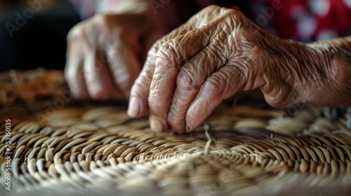 Detailed Close-up of Skilled Hands Crafting Traditional Woven Basket with Bokeh Background, Emphasizing Craftsmanship and Heritage Concept