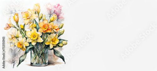 Romantic bouquet watercolor of Jonquil daffodils with big bee in full view on a light background, in bright colors. For Birthday, Easter, Mother day, Valentine's day greeting banner, card, copy space.