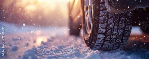 Winter tire in snow. Car tire on snowy road. Tires detail in witer time